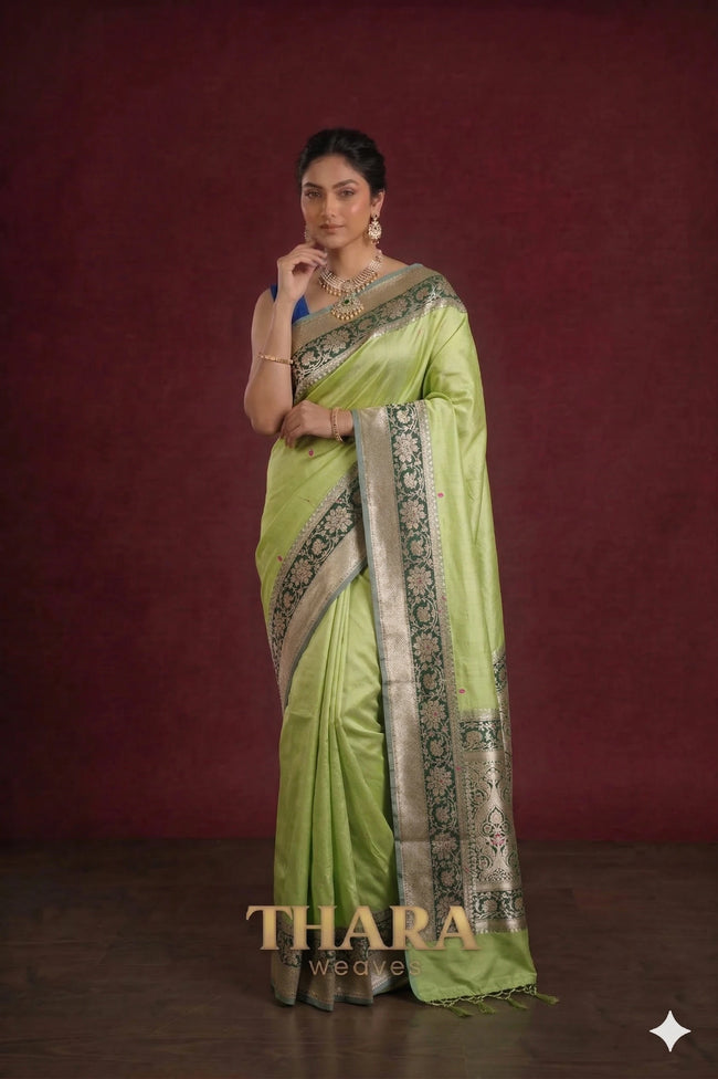 Pure Katan Silk Pista Green and contrasting dark green woven border Banarasi Saree Hover Image