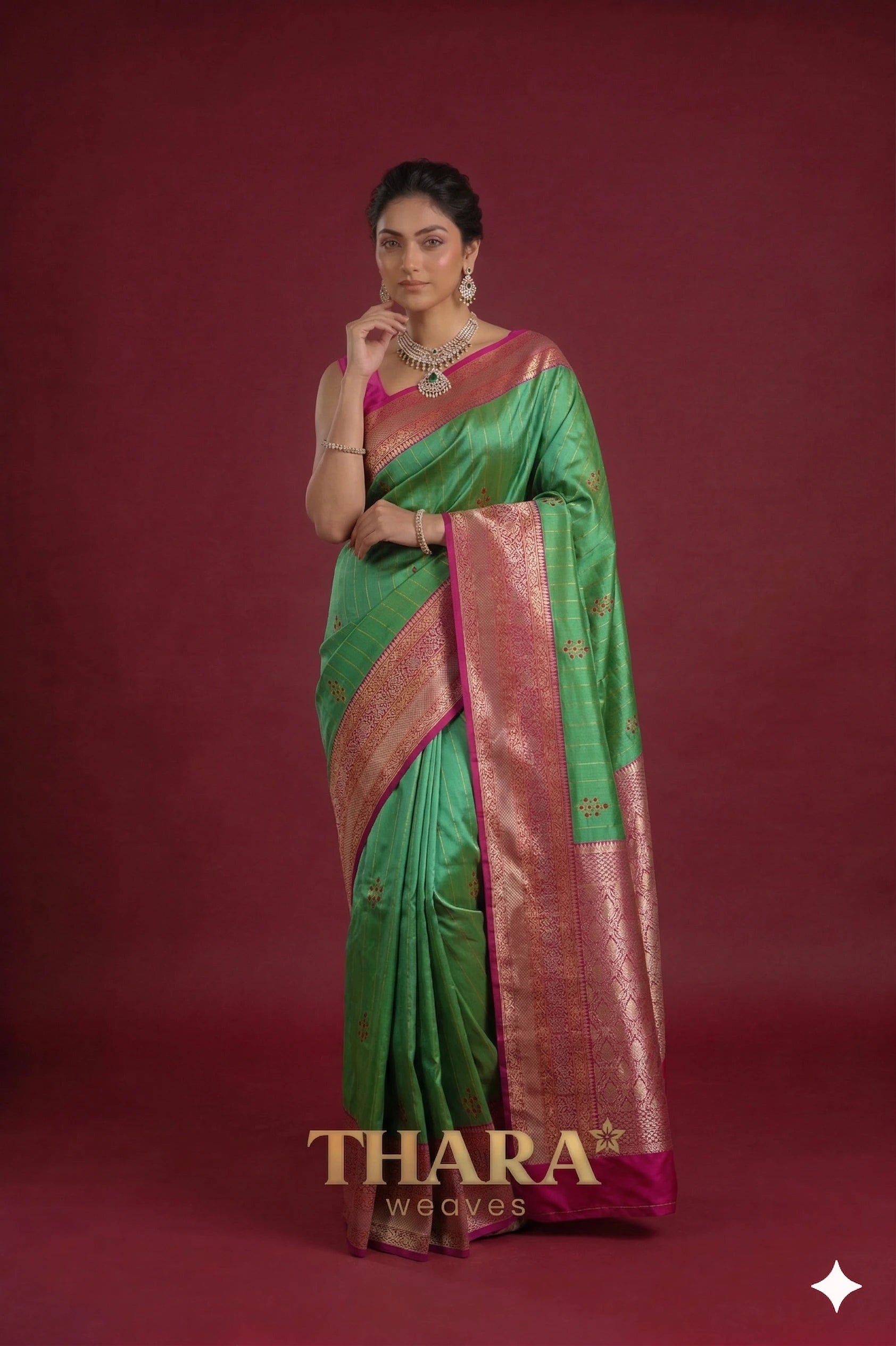 Pure Katan Silk Green and Pink Banarasi Saree