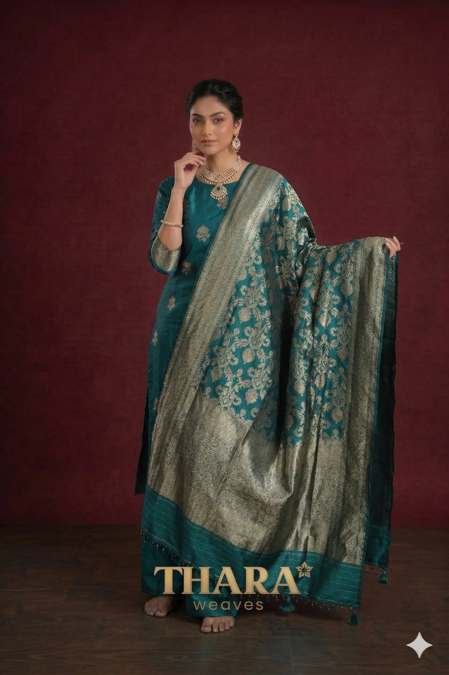 Pure Katan Green Banarasi Dress Hover Image