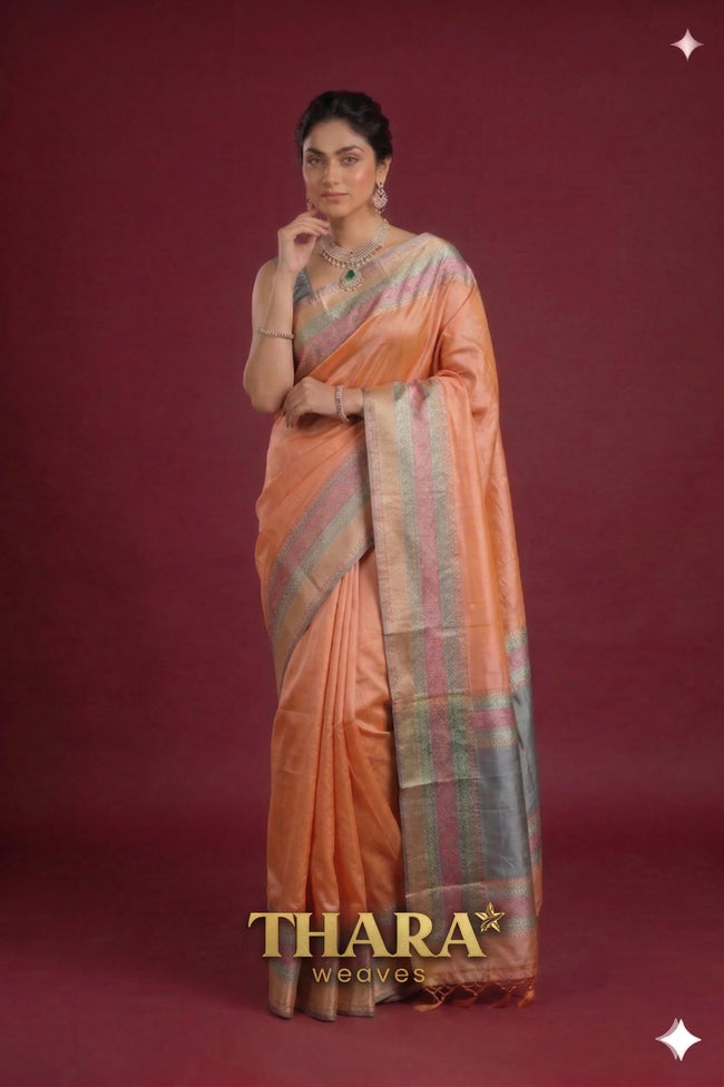 Pure Katan Silk Peach with multi-colored border Hover Image