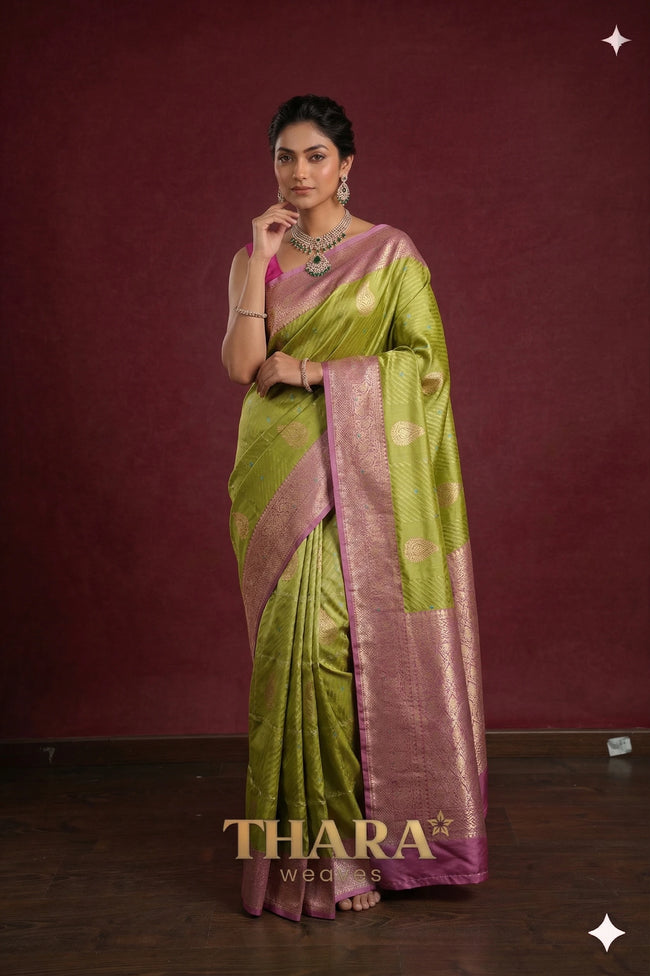 Pure Katan Silk Green and Pink Banarasi Saree Hover Image