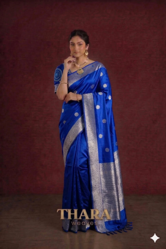 Pure Mushroo Silk Blue Banarasi Saree Hover Image