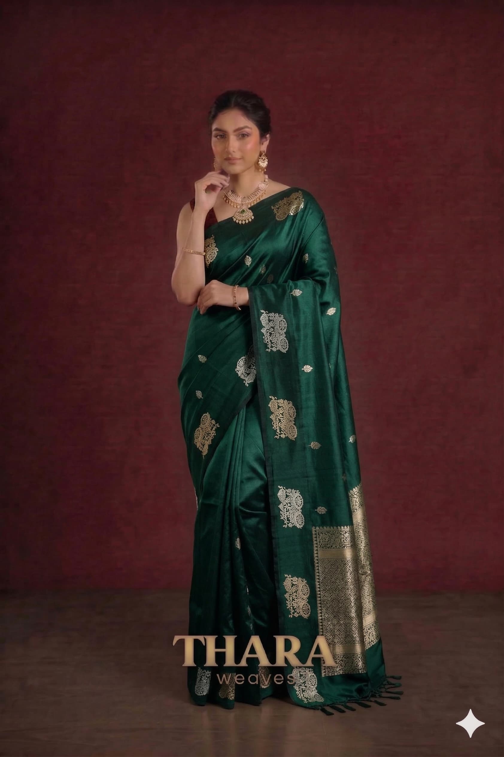 Pure Raw Mango Dark Green Banarasi Saree