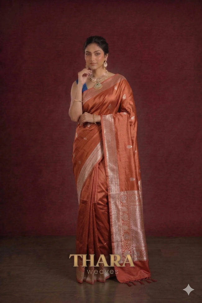 Pure Katan Silk Rust Banarasi Saree Hover Image