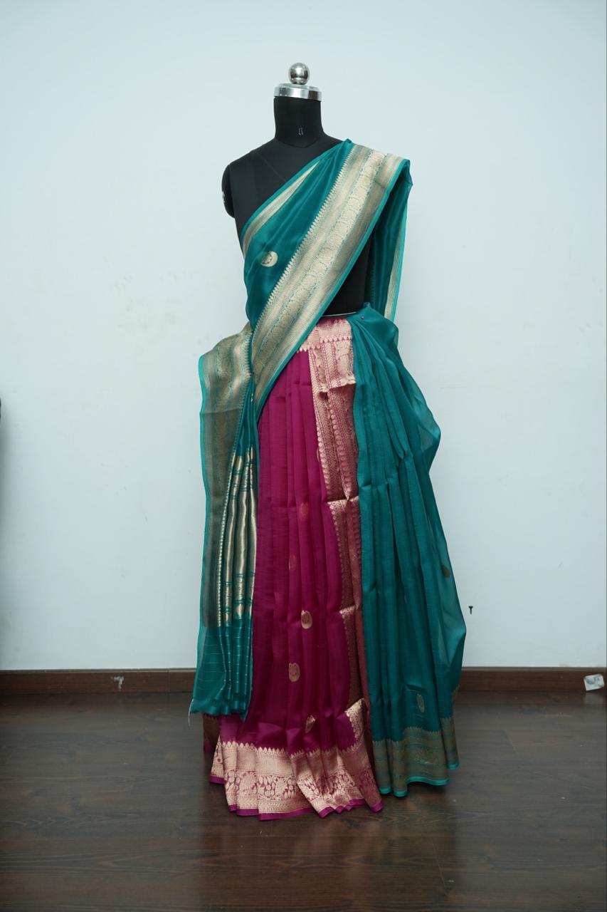 Pure Kora Silk Wine with Green Banarasi Saree
